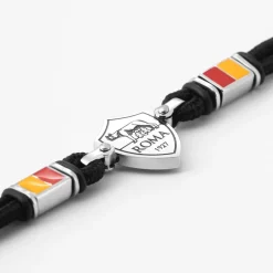 AS Roma Gioielli<Bracciale con placca centrale logo in acciaio anallergico e cordino in tessuto regolabile nero